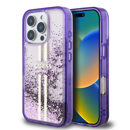 iPhone 16 Pro Max Kılıf Guess Orjinal Lisanslı Transparan Sıvılı Simli Altın Çizgili Kılıf