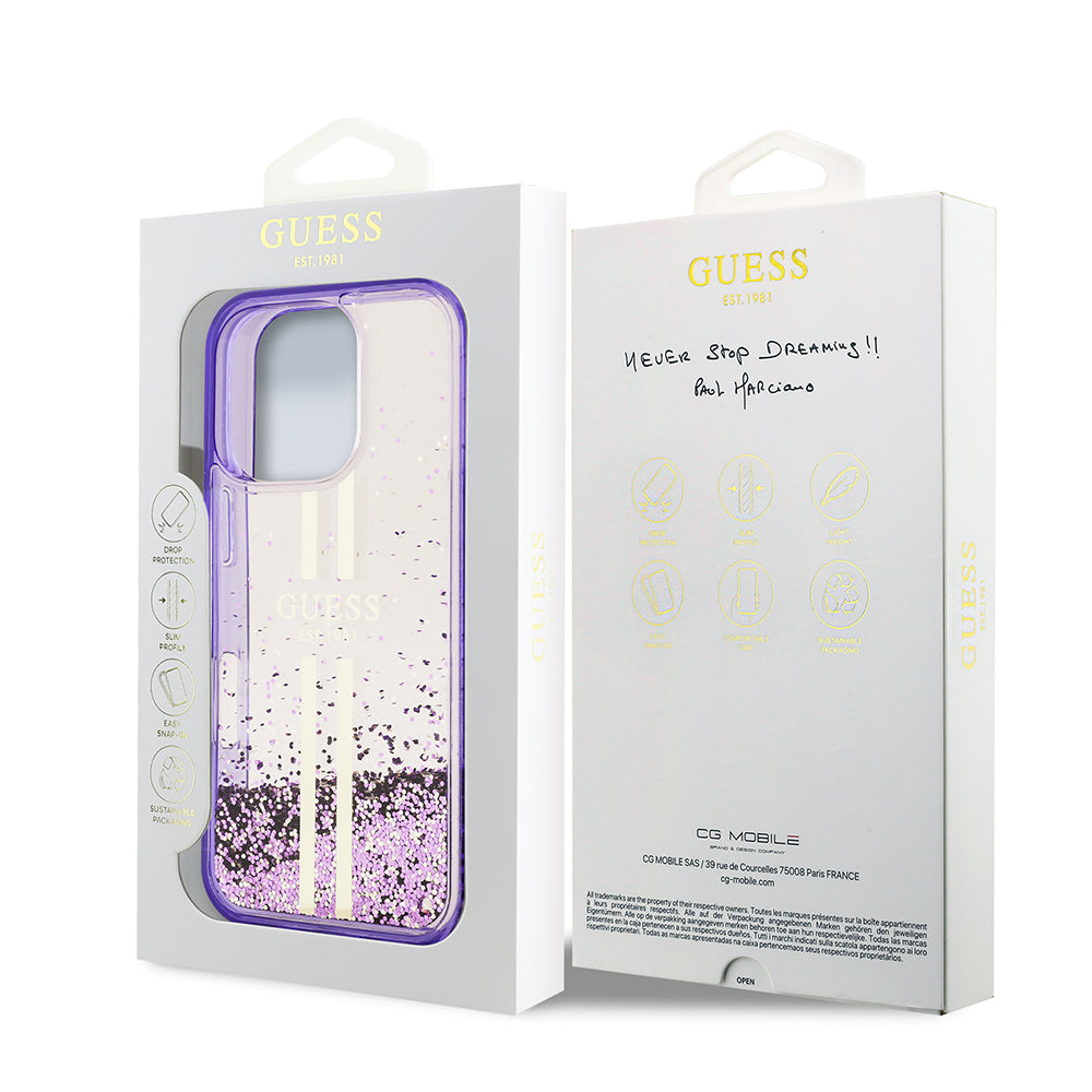 iPhone 16 Pro Max Kılıf Guess Orjinal Lisanslı Transparan Sıvılı Simli Altın Çizgili Kılıf