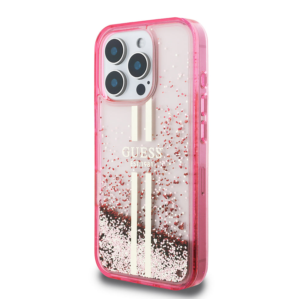 iPhone 16 Pro Max Kılıf Guess Orjinal Lisanslı Transparan Sıvılı Simli Altın Çizgili Kılıf