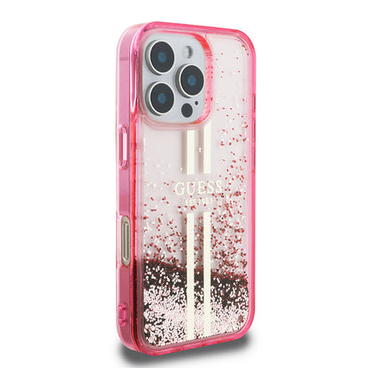 iPhone 16 Pro Max Kılıf Guess Orjinal Lisanslı Transparan Sıvılı Simli Altın Çizgili Kılıf