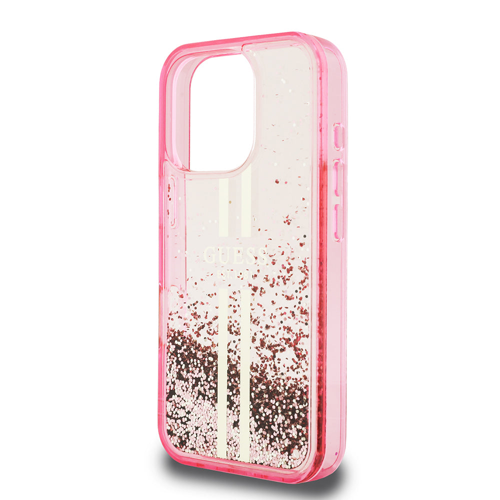 iPhone 16 Pro Max Kılıf Guess Orjinal Lisanslı Transparan Sıvılı Simli Altın Çizgili Kılıf