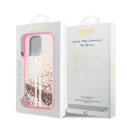 iPhone 16 Pro Max Kılıf Guess Orjinal Lisanslı Transparan Sıvılı Simli Altın Çizgili Kılıf