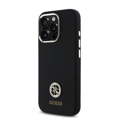 Apple iPhone 16 Pro Max Kılıf Guess Orjinal Lisanslı Yazı ve Taşlı 4G Logolu Metal Kamera Çerçeveli Silikon Kapak Siyah