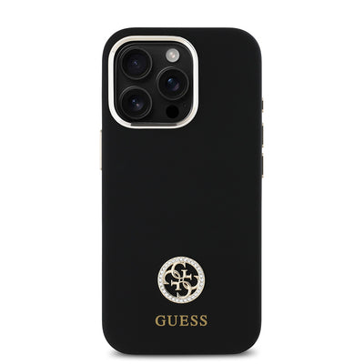 Apple iPhone 16 Pro Max Kılıf Guess Orjinal Lisanslı Yazı ve Taşlı 4G Logolu Metal Kamera Çerçeveli Silikon Kapak Siyah