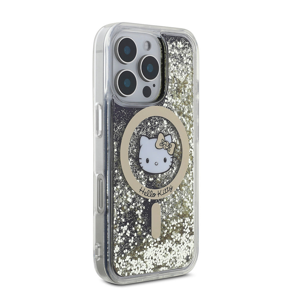 iPhone 16 Pro Max Kılıf Hello Kitty Orjinal Lisanslı M-safe Şarj Özellikli IML Baskı Kitty Head Logolu Sıvılı Simli Altın Ateşi Kılıf