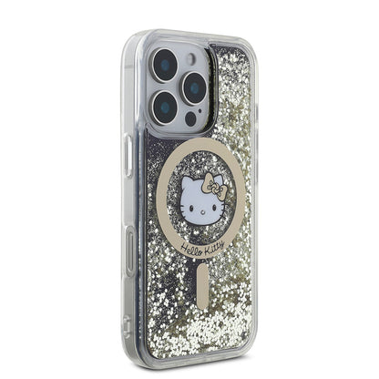 iPhone 16 Pro Max Kılıf Hello Kitty Orjinal Lisanslı M-safe Şarj Özellikli IML Baskı Kitty Head Logolu Sıvılı Simli Altın Ateşi Kılıf