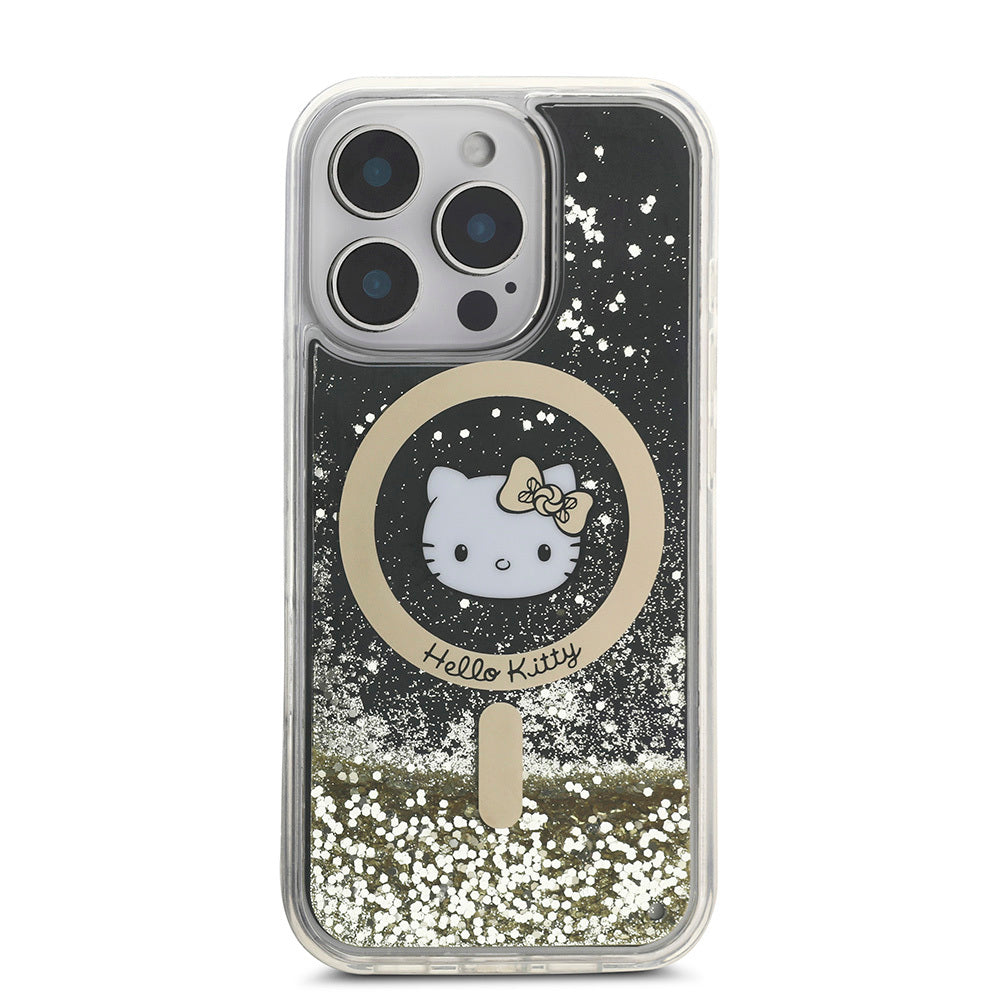 iPhone 16 Pro Max Kılıf Hello Kitty Orjinal Lisanslı M-safe Şarj Özellikli IML Baskı Kitty Head Logolu Sıvılı Simli Altın Ateşi Kılıf