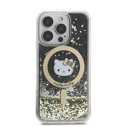 iPhone 16 Pro Max Kılıf Hello Kitty Orjinal Lisanslı M-safe Şarj Özellikli IML Baskı Kitty Head Logolu Sıvılı Simli Altın Ateşi Kılıf