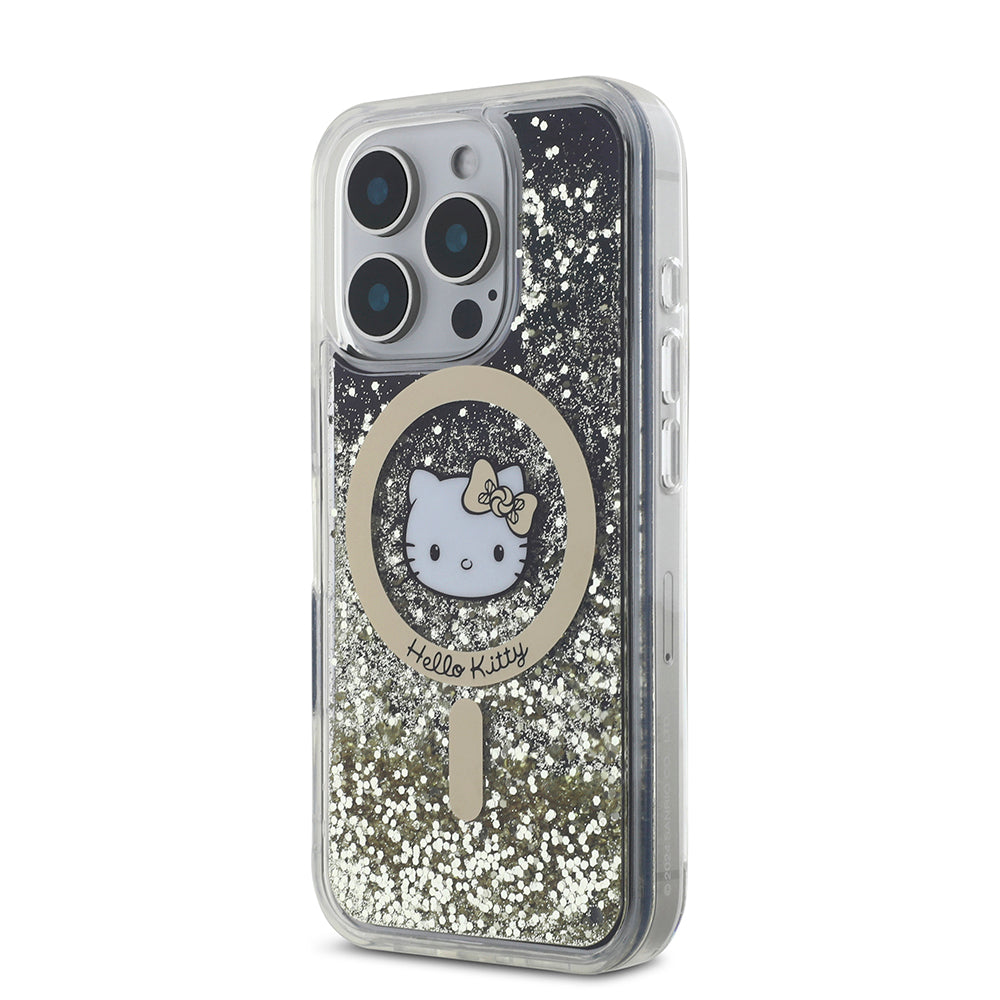 iPhone 16 Pro Max Kılıf Hello Kitty Orjinal Lisanslı M-safe Şarj Özellikli IML Baskı Kitty Head Logolu Sıvılı Simli Altın Ateşi Kılıf