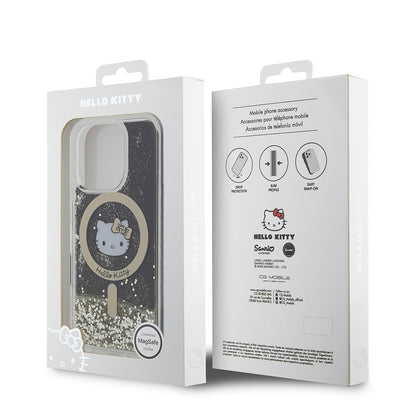 iPhone 16 Pro Max Kılıf Hello Kitty Orjinal Lisanslı M-safe Şarj Özellikli IML Baskı Kitty Head Logolu Sıvılı Simli Altın Ateşi Kılıf