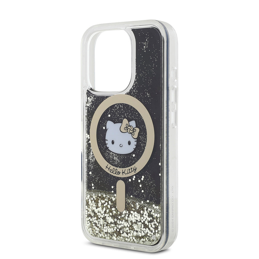 Apple iPhone 16 Pro Max Kılıf Hello Kitty Orjinal Lisanslı Magsafe Şarj Özellikli IML Baskı Kitty Head Logolu Sıvılı Simli Altın Ateşi Kapak Siyah