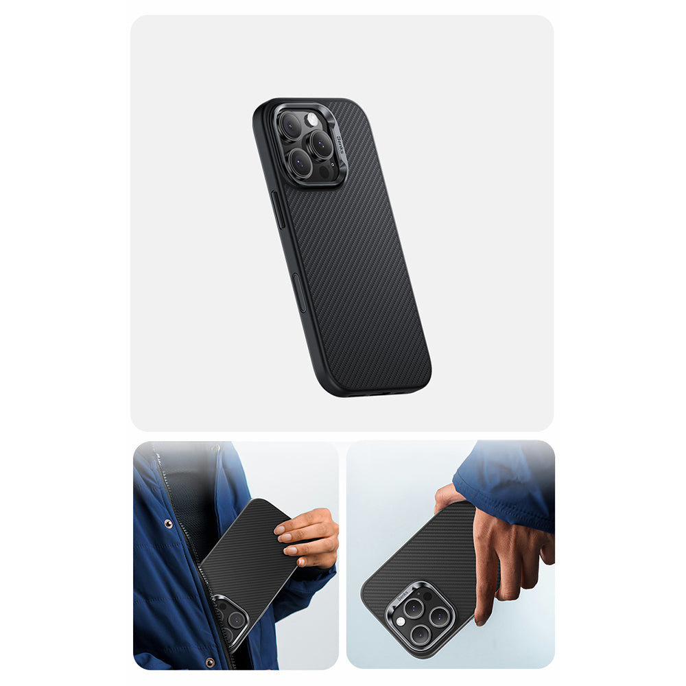 iPhone 16 Pro Max Kılıf Karbon Fiber M-safe Şarj Özellikli Kamera Kontrol Butonlu Benks Hybrid ArmorPro 600D Kevlar Kılıf