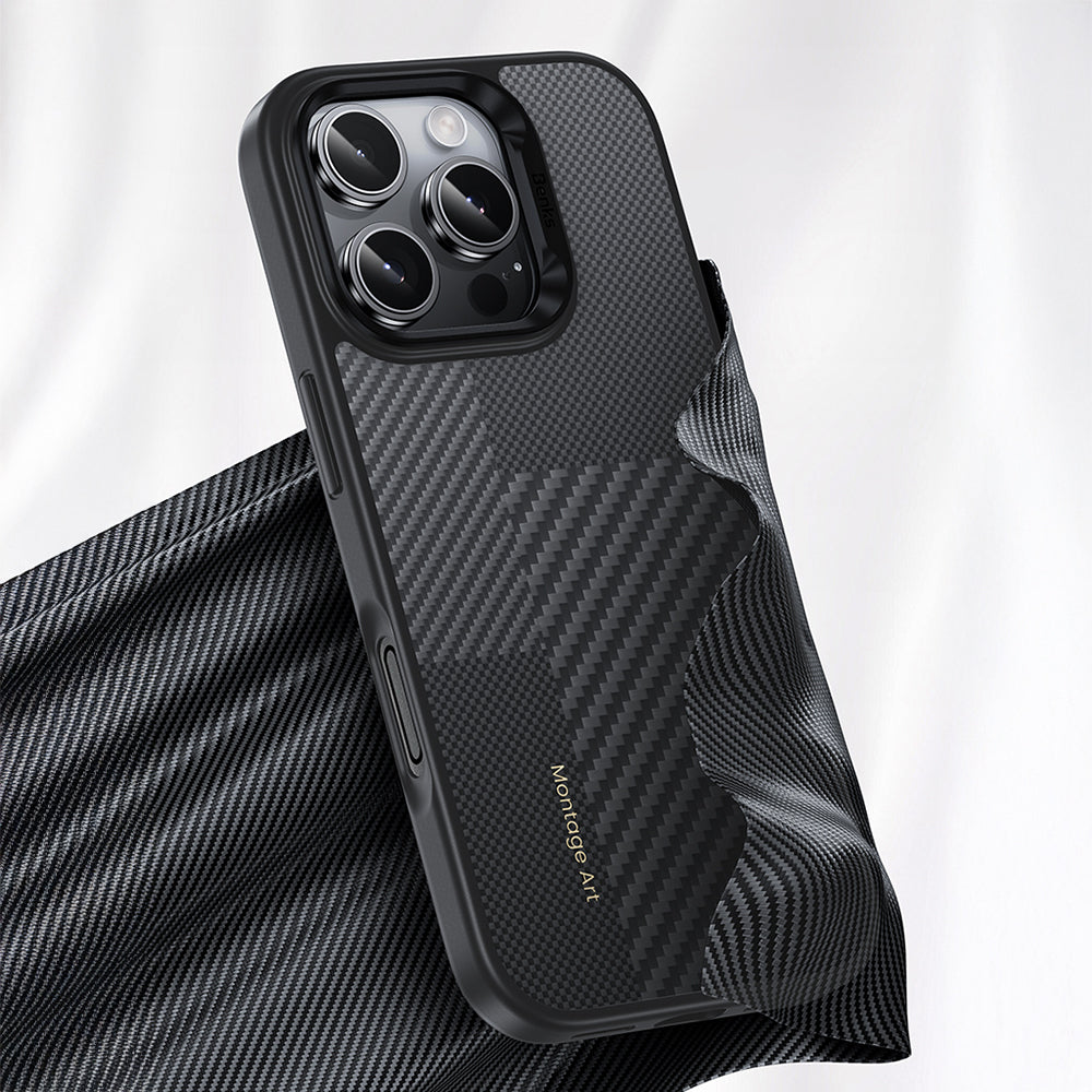 iPhone 16 Pro Max Kılıf Karbon Fiber M-safe Şarj Özellikli Kamera Kontrol Butonlu Benks Hybrid ArmorPro Montage Kevlar Kılıf