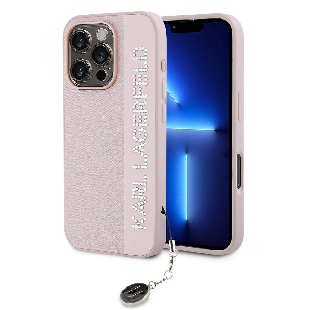 iPhone 16 Pro Max Kılıf Karl Lagerfeld Orjinal Lisanslı Anahtarlıklı Taşlı KL Yazılı Saffiano Rhinestones Kılıf