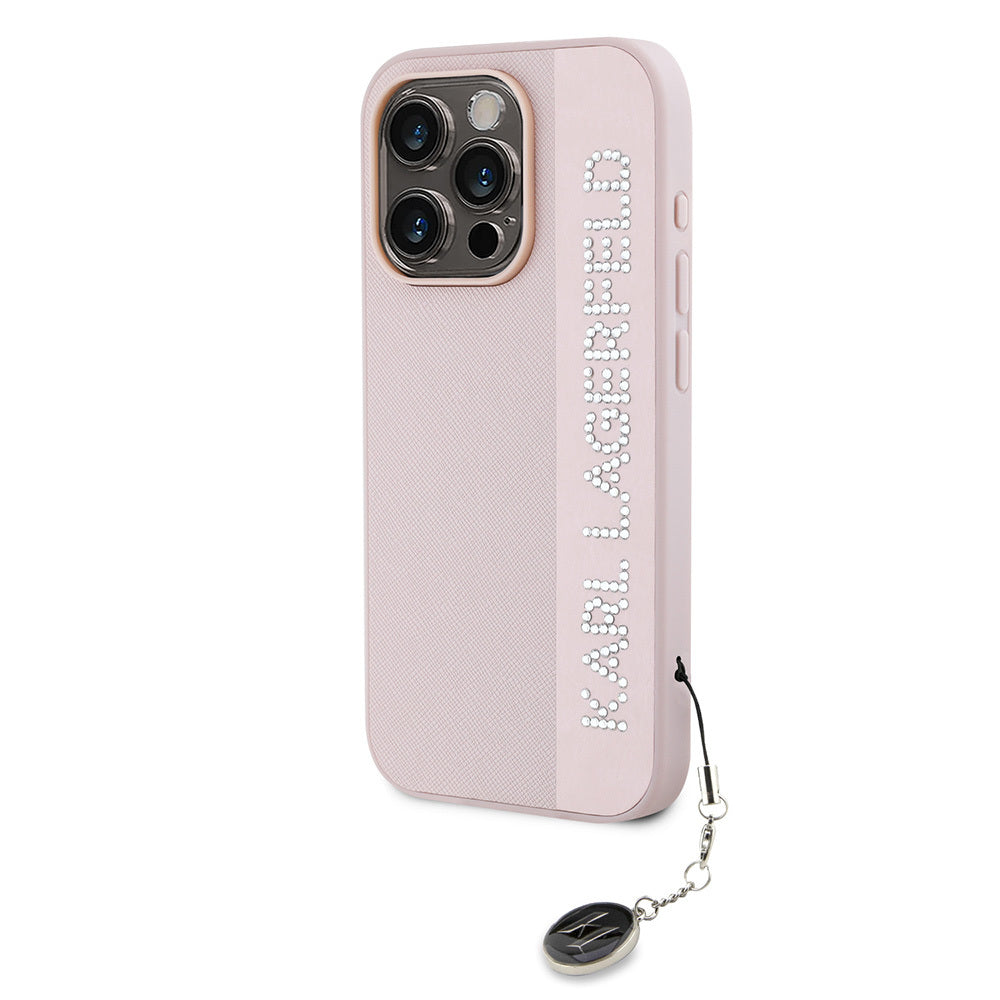 Apple iPhone 16 Pro Max Kılıf Karl Lagerfeld Orjinal Lisanslı Anahtarlıklı Taşlı KL Yazılı Saffiano Rhinestones Kapak Pembe