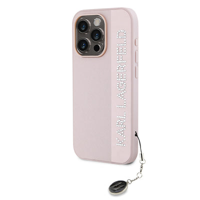 Apple iPhone 16 Pro Max Kılıf Karl Lagerfeld Orjinal Lisanslı Anahtarlıklı Taşlı KL Yazılı Saffiano Rhinestones Kapak Pembe