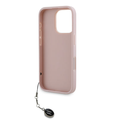 Apple iPhone 16 Pro Max Kılıf Karl Lagerfeld Orjinal Lisanslı Anahtarlıklı Taşlı KL Yazılı Saffiano Rhinestones Kapak Pembe