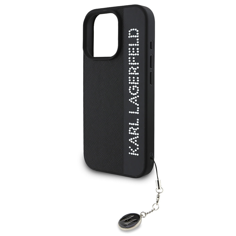 iPhone 16 Pro Max Kılıf Karl Lagerfeld Orjinal Lisanslı Anahtarlıklı Taşlı KL Yazılı Saffiano Rhinestones Kılıf