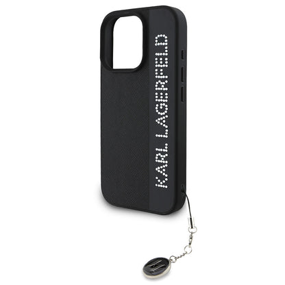 iPhone 16 Pro Max Kılıf Karl Lagerfeld Orjinal Lisanslı Anahtarlıklı Taşlı KL Yazılı Saffiano Rhinestones Kılıf