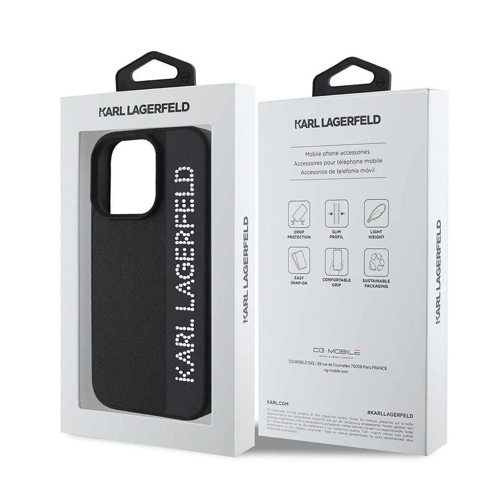 iPhone 16 Pro Max Kılıf Karl Lagerfeld Orjinal Lisanslı Anahtarlıklı Taşlı KL Yazılı Saffiano Rhinestones Kılıf