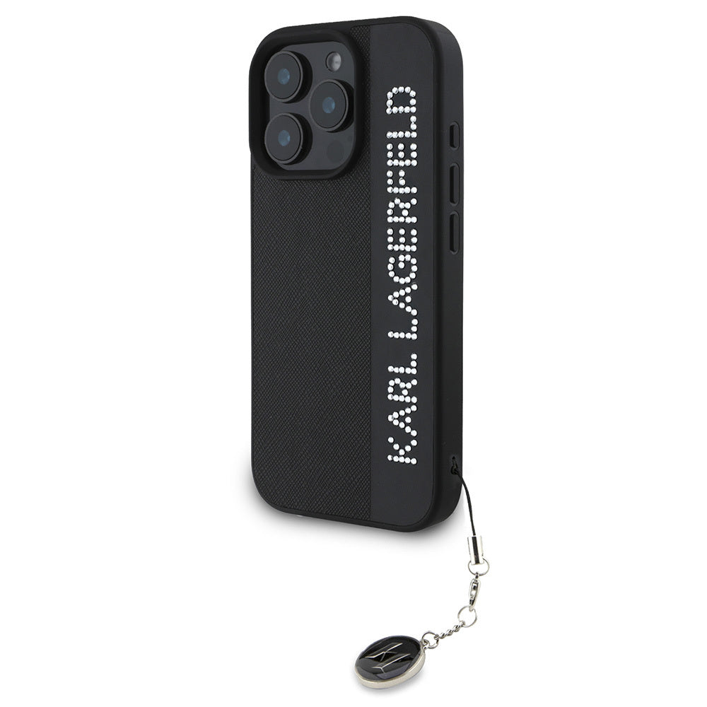 iPhone 16 Pro Max Kılıf Karl Lagerfeld Orjinal Lisanslı Anahtarlıklı Taşlı KL Yazılı Saffiano Rhinestones Kılıf