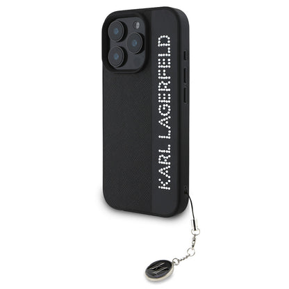 iPhone 16 Pro Max Kılıf Karl Lagerfeld Orjinal Lisanslı Anahtarlıklı Taşlı KL Yazılı Saffiano Rhinestones Kılıf