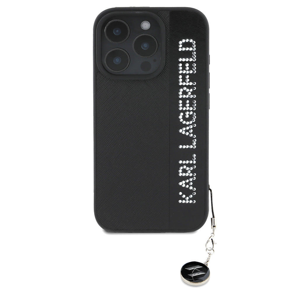 Apple iPhone 16 Pro Max Kılıf Karl Lagerfeld Orjinal Lisanslı Anahtarlıklı Taşlı KL Yazılı Saffiano Rhinestones Kapak Pembe