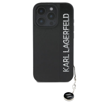 Apple iPhone 16 Pro Max Kılıf Karl Lagerfeld Orjinal Lisanslı Anahtarlıklı Taşlı KL Yazılı Saffiano Rhinestones Kapak Pembe