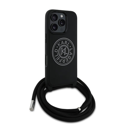 iPhone 16 Pro Max Kılıf Karl Lagerfeld Orjinal Lisanslı Askı İpli Taşlı KL Yazılı Crossbody Cord Kılıf