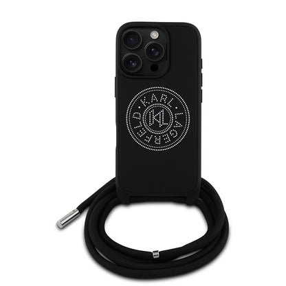 iPhone 16 Pro Max Kılıf Karl Lagerfeld Orjinal Lisanslı Askı İpli Taşlı KL Yazılı Crossbody Cord Kılıf