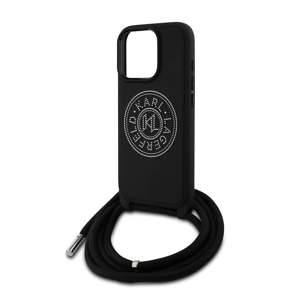 iPhone 16 Pro Max Kılıf Karl Lagerfeld Orjinal Lisanslı Askı İpli Taşlı KL Yazılı Crossbody Cord Kılıf