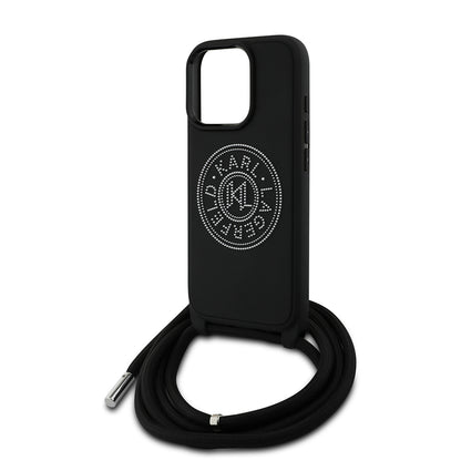 iPhone 16 Pro Max Kılıf Karl Lagerfeld Orjinal Lisanslı Askı İpli Taşlı KL Yazılı Crossbody Cord Kılıf