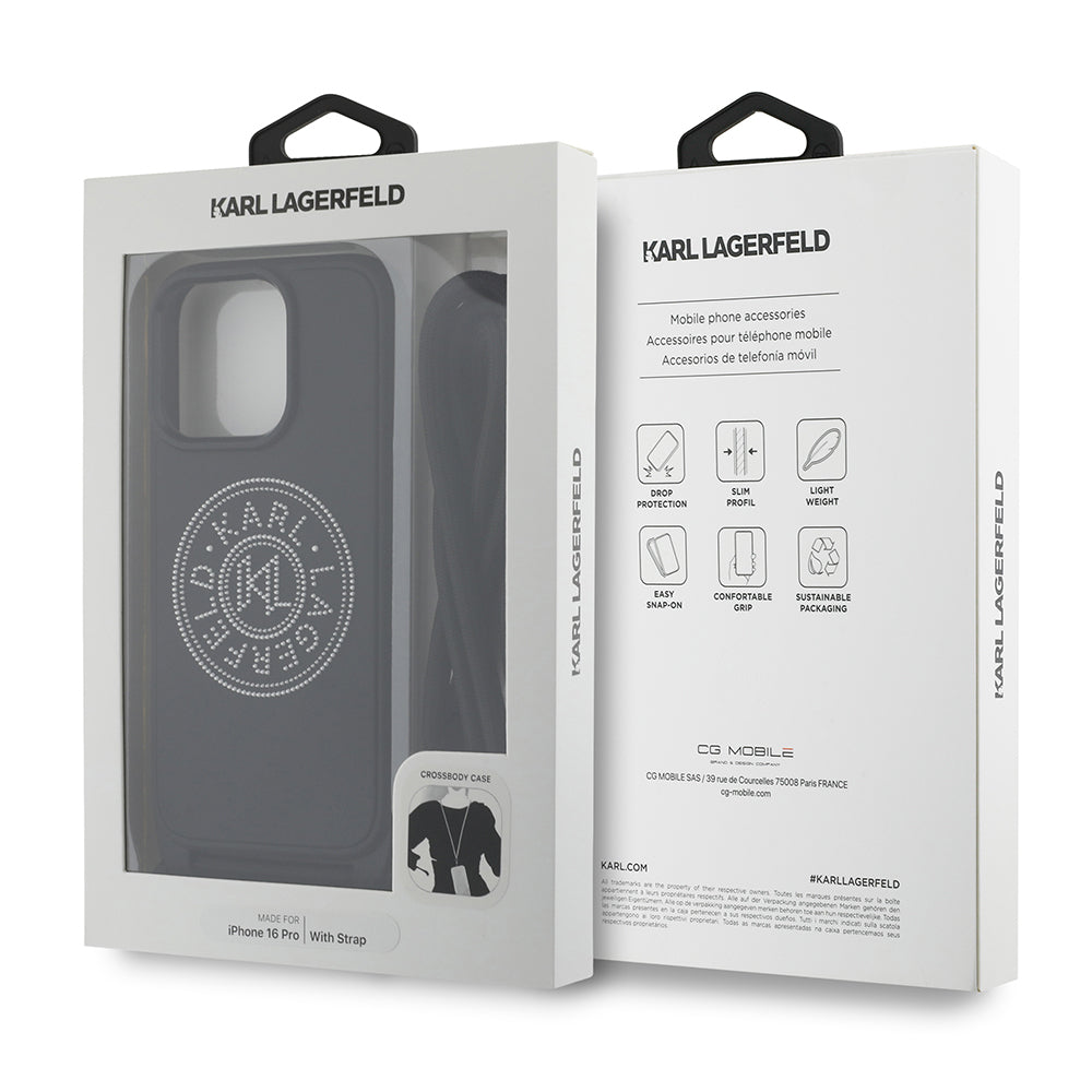 iPhone 16 Pro Max Kılıf Karl Lagerfeld Orjinal Lisanslı Askı İpli Taşlı KL Yazılı Crossbody Cord Kılıf