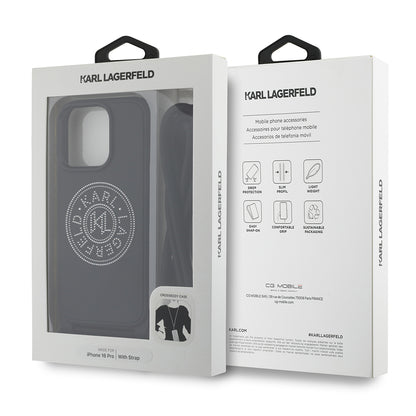iPhone 16 Pro Max Kılıf Karl Lagerfeld Orjinal Lisanslı Askı İpli Taşlı KL Yazılı Crossbody Cord Kılıf