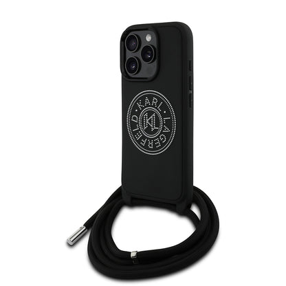 iPhone 16 Pro Max Kılıf Karl Lagerfeld Orjinal Lisanslı Askı İpli Taşlı KL Yazılı Crossbody Cord Kılıf