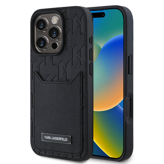 iPhone 16 Pro Max Kılıf Karl Lagerfeld Orjinal Lisanslı Kartlıklı Monogram Sıcak Damgalı Elongated Logo Kılıf