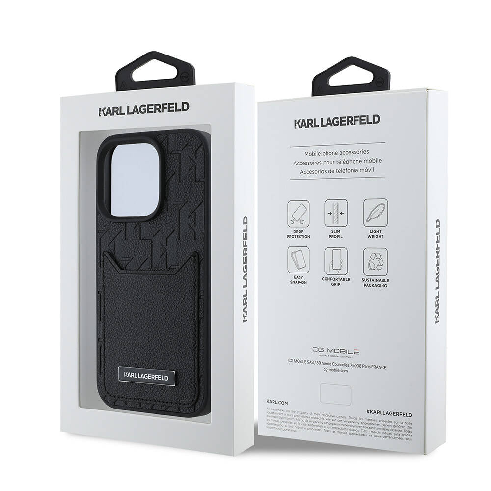 Apple iPhone 16 Pro Max Kılıf Karl Lagerfeld Orjinal Lisanslı Kartlıklı Monogram Sıcak Damgalı Elongated Logo Kapak Siyah