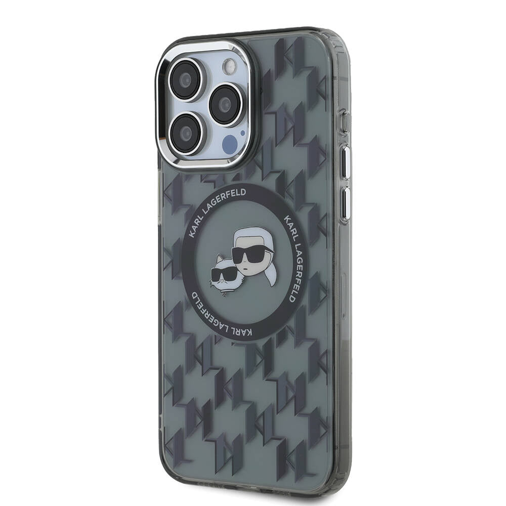 Apple iPhone 16 Pro Max Kılıf Karl Lagerfeld Orjinal Lisanslı Magsafe Şarj Özellikli IML Baskılı Metal Monogram KC Heads Kapak Siyah