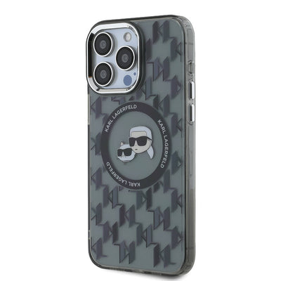 Apple iPhone 16 Pro Max Kılıf Karl Lagerfeld Orjinal Lisanslı Magsafe Şarj Özellikli IML Baskılı Metal Monogram KC Heads Kapak Siyah