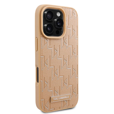 Apple iPhone 16 Pro Max Kılıf Karl Lagerfeld Orjinal Lisanslı Magsafe Şarj Özellikli KL Yazılı Hot Stamp Kapak Krem