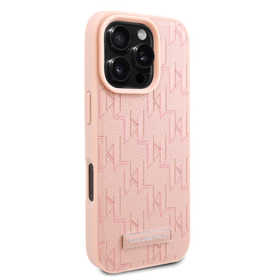 Apple iPhone 16 Pro Max Kılıf Karl Lagerfeld Orjinal Lisanslı Magsafe Şarj Özellikli KL Yazılı Hot Stamp Kapak Pembe