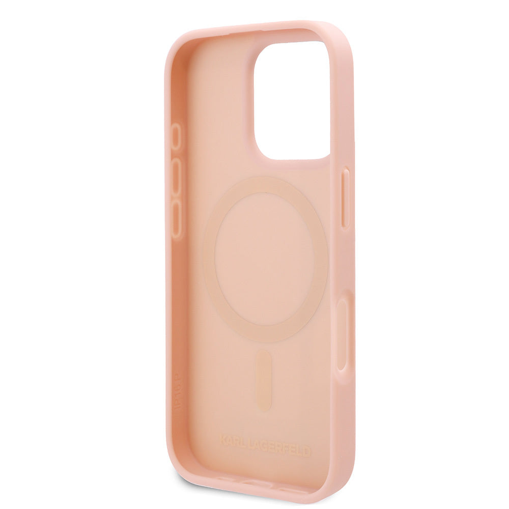 Apple iPhone 16 Pro Max Kılıf Karl Lagerfeld Orjinal Lisanslı Magsafe Şarj Özellikli KL Yazılı Hot Stamp Kapak Pembe