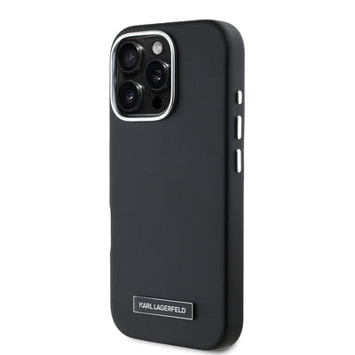 Apple iPhone 16 Pro Max Kılıf Karl Lagerfeld Orjinal Lisanslı Magsafe Şarj Özellikli Metal Kamera ve Buton Tasarımlı Plaka Logolu PU Deri Kapak Siyah