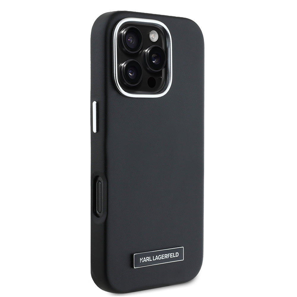 iPhone 16 Pro Max Kılıf Karl Lagerfeld Orjinal Lisanslı M-safe Şarj Özellikli Metal Kamera ve Buton Tasarımlı Plaka Logolu PU Deri Kılıf