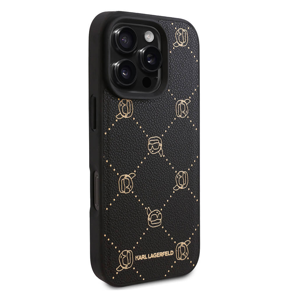 iPhone 16 Pro Max Kılıf Karl Lagerfeld Orjinal Lisanslı M-safe Şarj Özellikli PU Deri Karl Heads Desenli Klasik Logolu Kılıf
