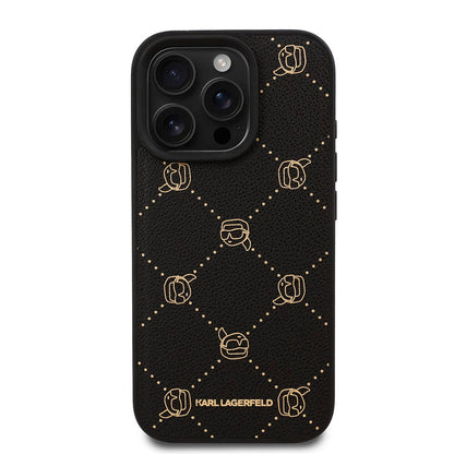 iPhone 16 Pro Max Kılıf Karl Lagerfeld Orjinal Lisanslı M-safe Şarj Özellikli PU Deri Karl Heads Desenli Klasik Logolu Kılıf