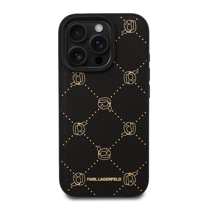 Apple iPhone 16 Pro Max Kılıf Karl Lagerfeld Orjinal Lisanslı Magsafe Şarj Özellikli PU Deri Karl Heads Desenli Klasik Logolu Kapak Siyah
