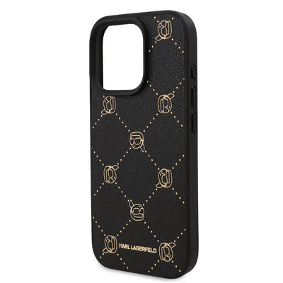 Apple iPhone 16 Pro Max Kılıf Karl Lagerfeld Orjinal Lisanslı Magsafe Şarj Özellikli PU Deri Karl Heads Desenli Klasik Logolu Kapak Siyah