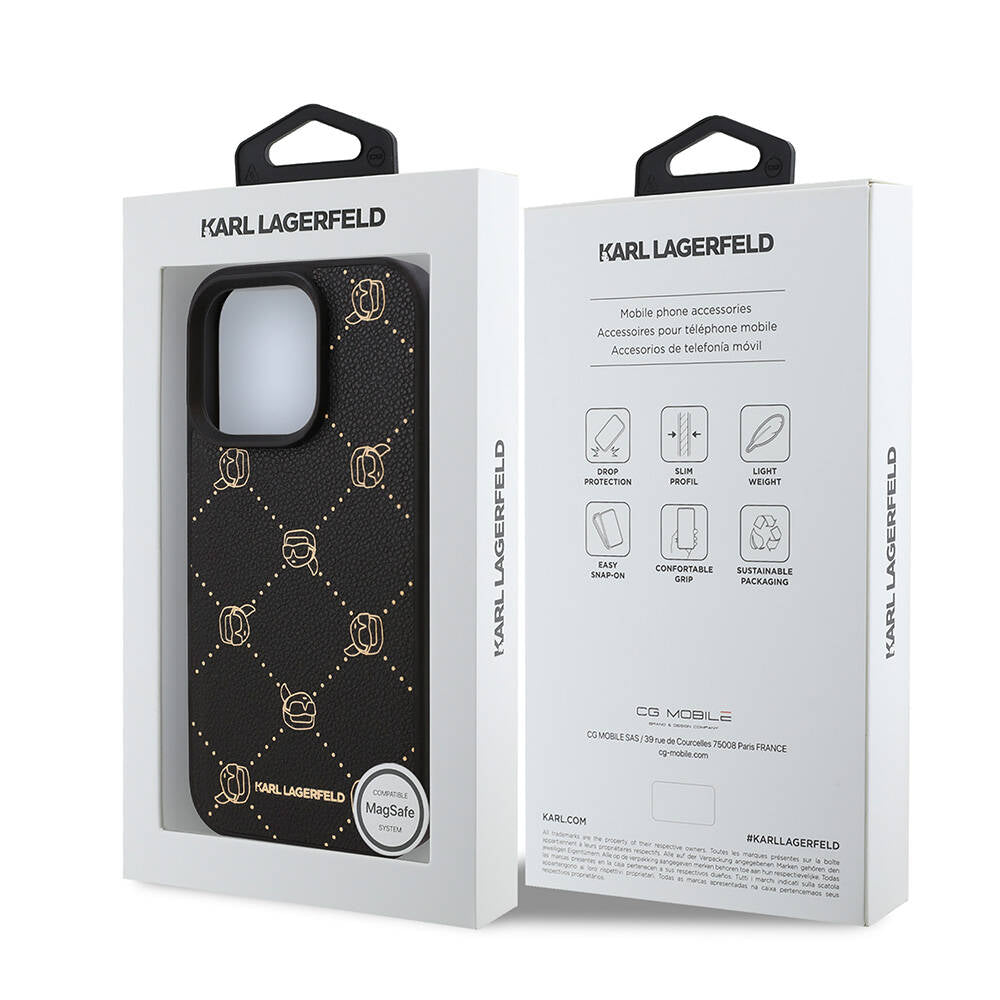 iPhone 16 Pro Max Kılıf Karl Lagerfeld Orjinal Lisanslı M-safe Şarj Özellikli PU Deri Karl Heads Desenli Klasik Logolu Kılıf