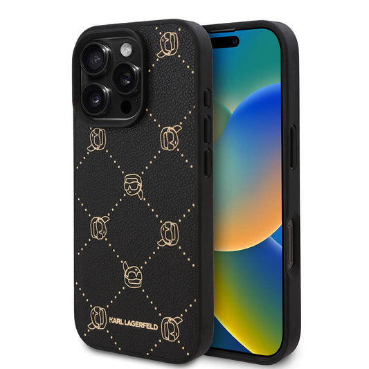 iPhone 16 Pro Max Kılıf Karl Lagerfeld Orjinal Lisanslı M-safe Şarj Özellikli PU Deri Karl Heads Desenli Klasik Logolu Kılıf